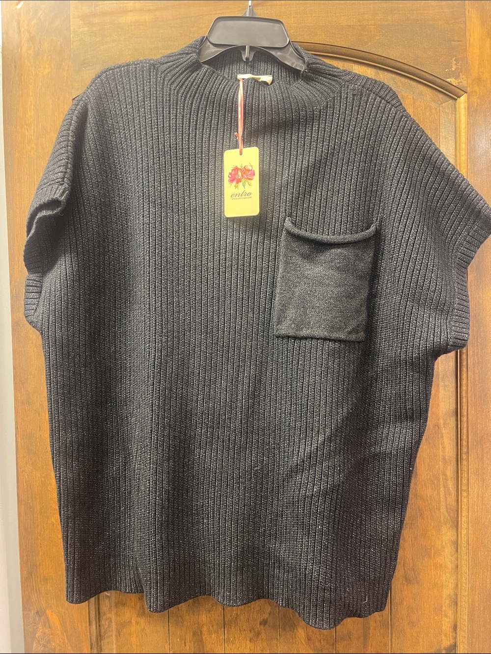 entro Black Ribbed Turtleneck Short-Sleeve Sweater with Chest Pocket. Oversized